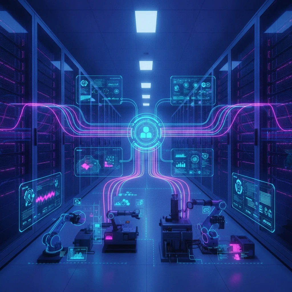 Üretim sahasındaki IoT sensör verilerinin ERP sistemine aktarılmasını gösteren şema