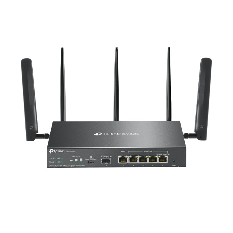 TP-LINK OMADA ER706W-4G AX3000 1XGIGABIT SFP WAN/LAN PORT 1XGIGABIT RJ45 WAN PORT 4XGIGABIT WAN/LAN RJ45 VPN ROUTER