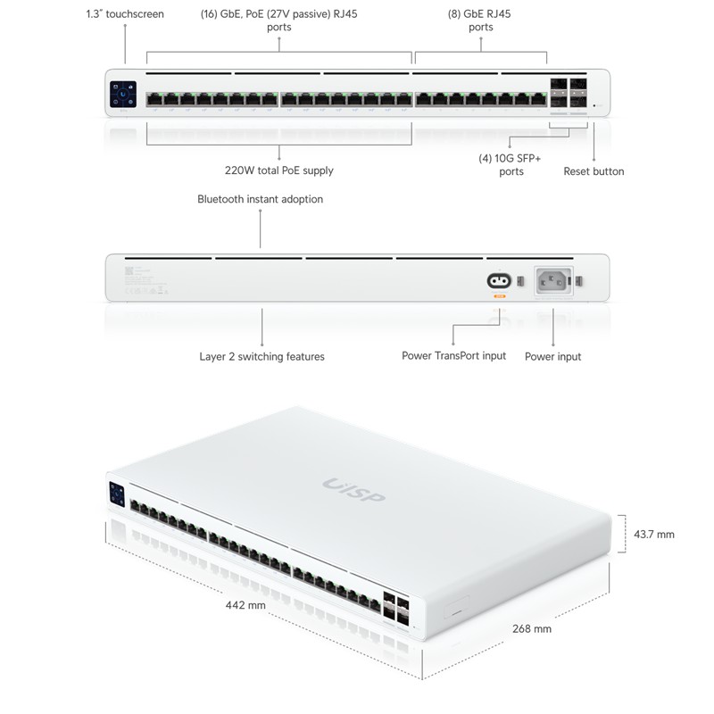 UBIQUITI UISP-S-PRO 16 PORT 27V PASİF POE+8 PORT GB RJ45+4X10GB SFP+ UPLINK 220W POE L2 YÖNETİLEBİLİR SWITCH