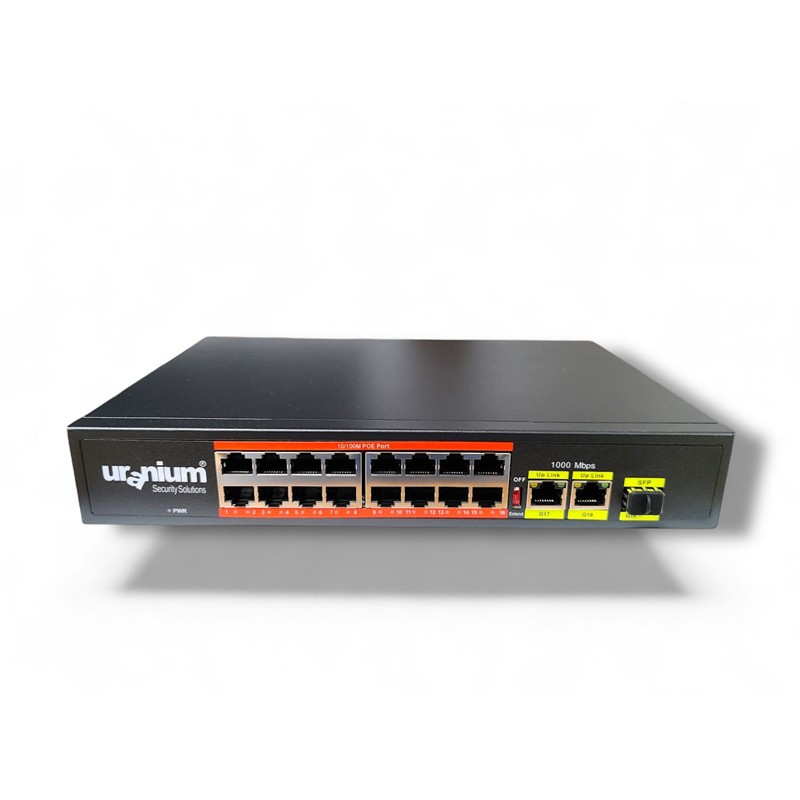 URANIUM POE-1621SFP-200W 16 PORT 10/100+2XGIGABIT RJ45+1XSFP UPLINK 250 METRE POE RACKMOUNT SWITCH (REALTEK CHIPSET)